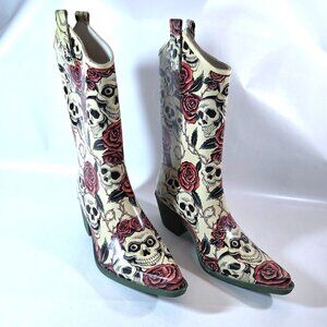 Nomad Yippy Skull & Roses Rubber Cowboy Rain Boots Size 8